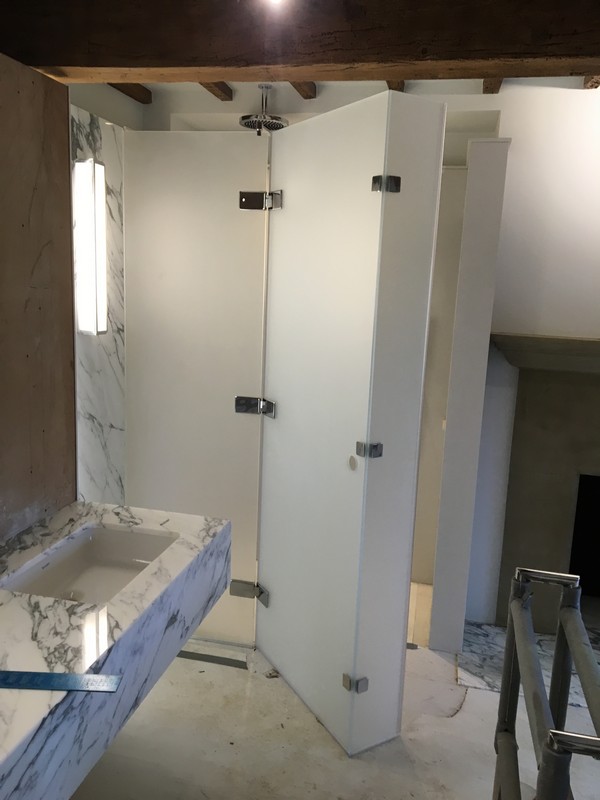 Bespoke frosted glass shower enclosure in Upper Edmonton luxury bathroom